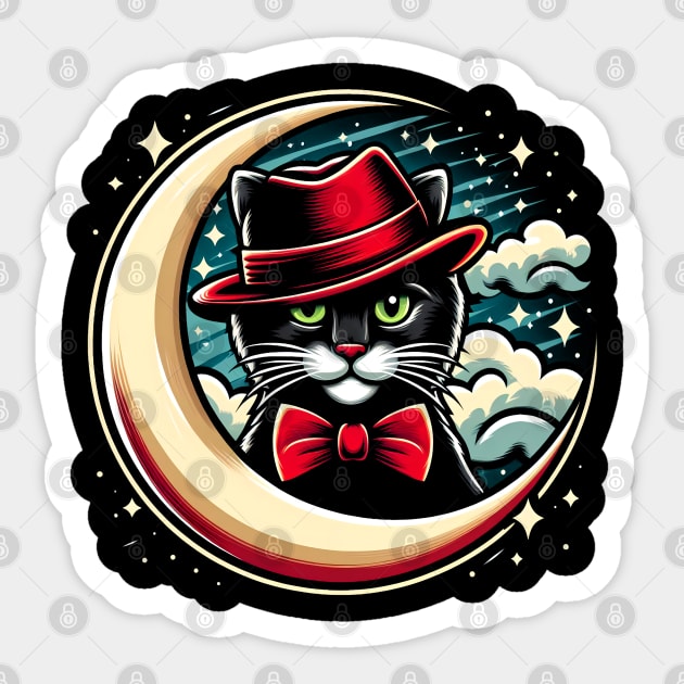 A black cat with a bowtie on the moon Sticker by MakerMind8.2